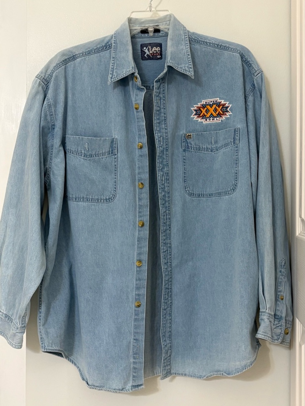 VINTAGE Lee Sport Superbowl XXX #30 Blue Denim Button-Down Shirt 1996 Size:XL